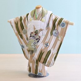 三歳男の子着物レンタル（3M0018）若草色・白×若草色・ベージュ/竹・矢羽　花うさぎ