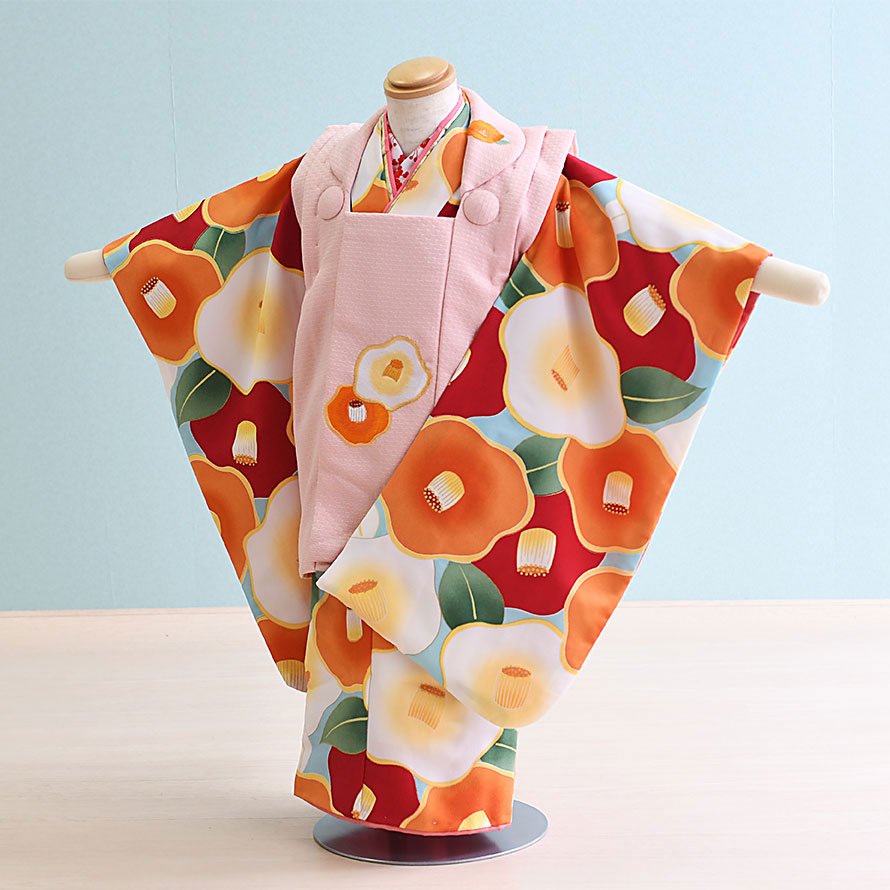 激安格安 七五三着物三歳女の子レンタル 3 144 うすピンク 水色 花 椿 花わらべ 東京レンタルいしょう