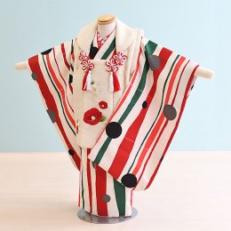三歳女の子着物レンタル（030146）クリーム・赤・緑/椿・水玉