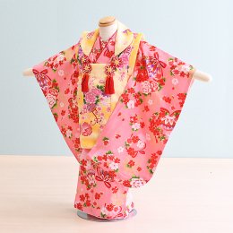 七五三着物三歳女の子レンタル（03B001）黄・ピンク/花・折り鶴
