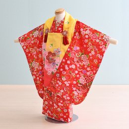 七五三着物三歳女の子レンタル（03B002）ピンク・黄・赤/花・桜