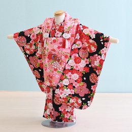 七五三着物三歳女の子レンタル（03B013）ピンク・黒/桜・まり