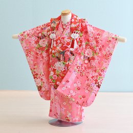 七五三着物三歳女の子レンタル（03B014）赤・ピンク/桜・花