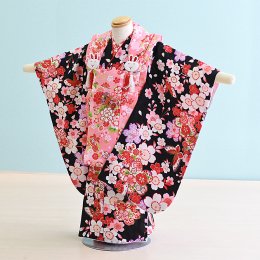 七五三着物三歳女の子レンタル（03B015）ピンク・黒/花・蝶