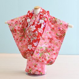 七五三着物三歳女の子レンタル（03B016）赤・ピンク/花・蝶