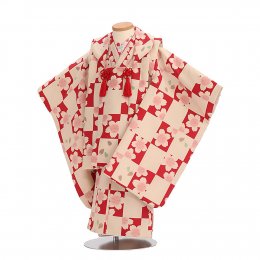 七五三着物三歳女の子レンタル（03C011）白赤/市松・桜