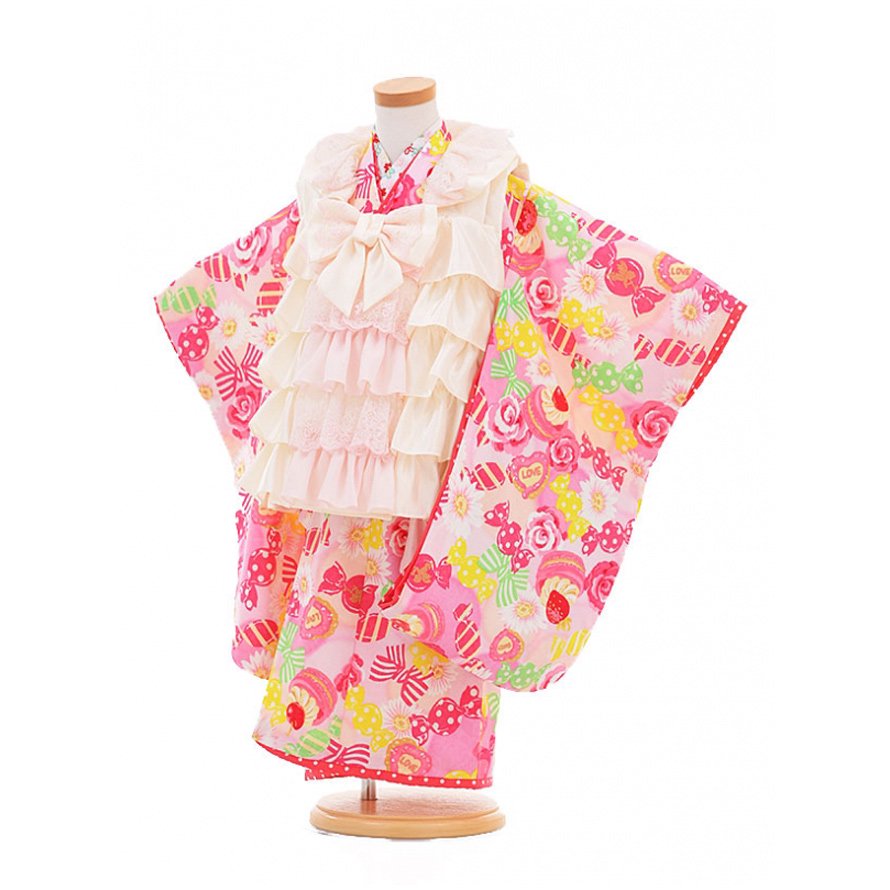 激安格安 七五三着物三歳女の子レンタル（03C031）白×ピンク/フリル