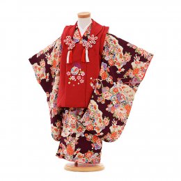 三歳女の子着物レンタル（03C081）赤×紫/ちりめん・レトロ