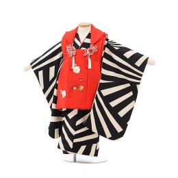 七五三着物三歳女の子レンタル（03C111）赤×黒・白/椿・刺繍・幾何学模様
