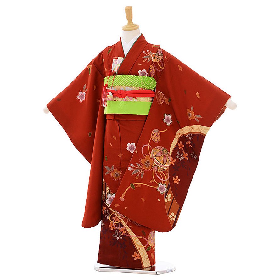 激安格安 七五三着物七歳女の子レンタル（07C010）赤茶色/桜・まり- 東京レンタルいしょう