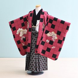 男児袴レンタル（5-112）赤紫・黒/市松・たか