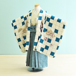 男児袴レンタル（5-113）青緑・白/市松・たか