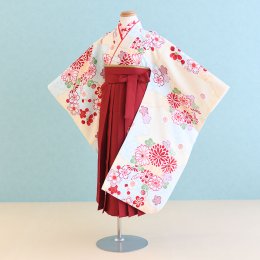 女児袴レンタル（7H0075）6〜7歳　クリーム/花|エンジ/刺繍