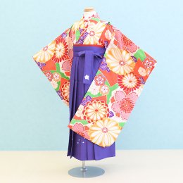 女児袴レンタル（7H0078）6〜7歳　緑・朱/花|紫/刺繍