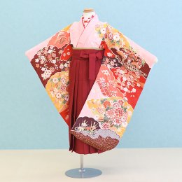 女児袴レンタル（7H0082）6〜7歳　ピンク/花|エンジ/刺繍