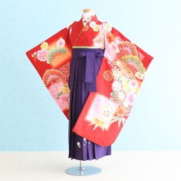 女児袴レンタル（7H0086）6〜7歳　赤/松竹梅|紫/刺繍