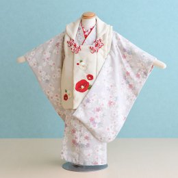 七五三着物三歳女の子レンタル（030155）クリーム×うすグレー/桜・椿