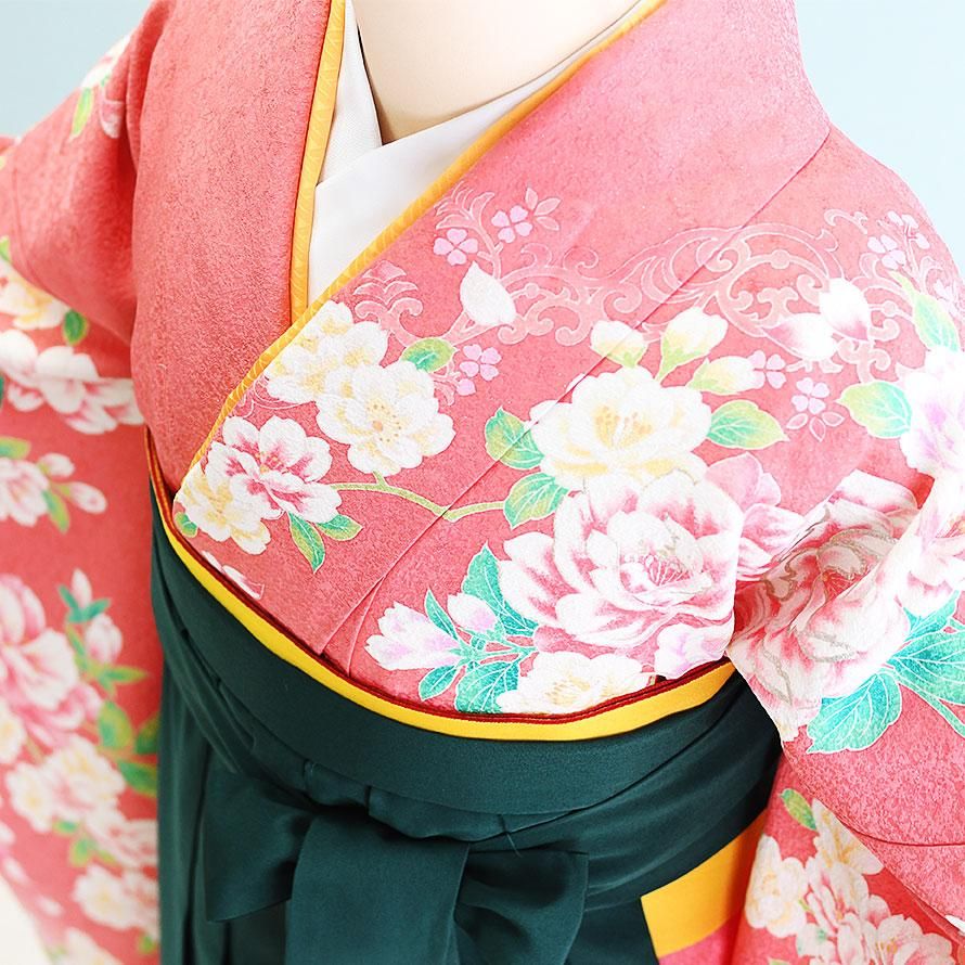 卒業袴レンタル（FH0233）L寸 サーモンピンク/花柄|緑/刺繍