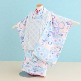七五三着物三歳女の子レンタル（03C127）水色・グレー/花・まり・市松