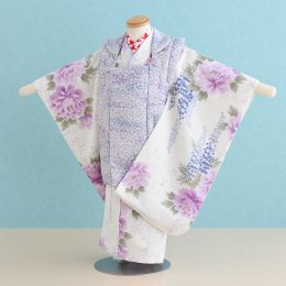 三歳女の子着物レンタル（03C137）オフホワイト・うす紫/花・藤