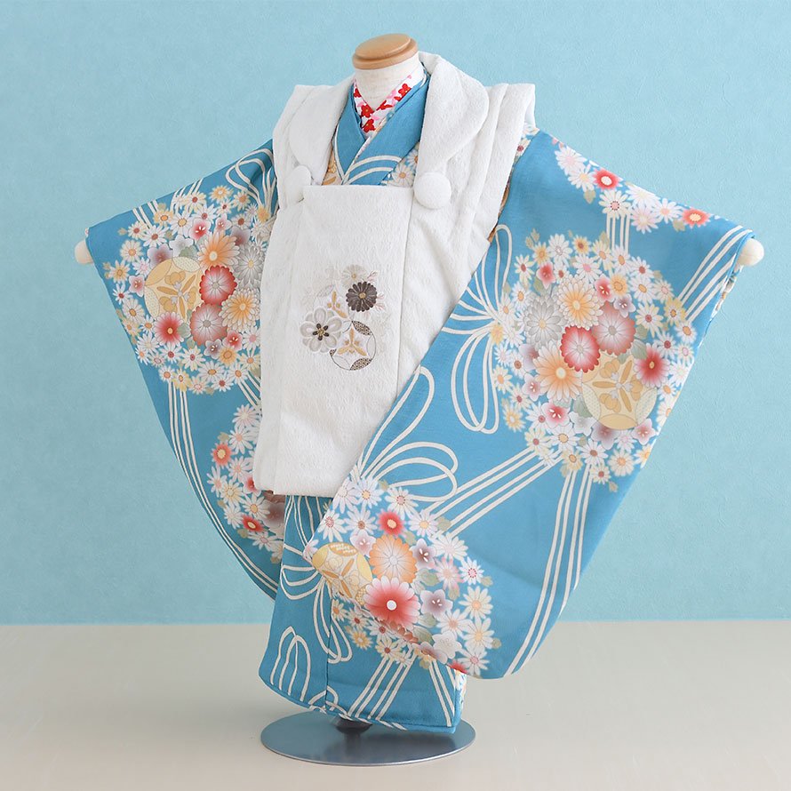 激安格安 三歳女の子着物レンタル（03C142）ターコイズブルー・白/花 