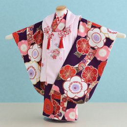 三歳女の子着物レンタル（03C148）紫・ピンク/梅・のし・まり