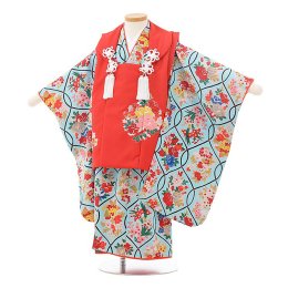 七五三着物三歳女の子レンタル（03C188）赤×水色/レトロ花柄　式部クラッシック