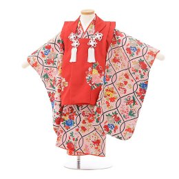 七五三着物三歳女の子レンタル（03C189）赤×ピンク/レトロ花柄　式部クラッシック