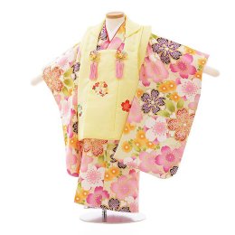 七五三着物三歳女の子レンタル（03C194）うす黄色×うぐいす色/桜