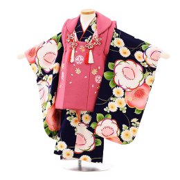 七五三着物三歳女の子レンタル（03C195）ピンク×紺/まり・椿・菊
