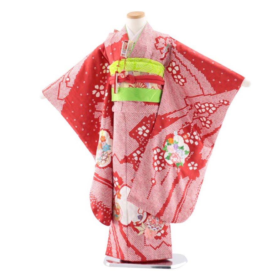 激安格安 七歳女の子着物レンタル（07C086）赤/疋田柄・花・鈴・刺繍