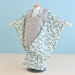 三歳男の子着物レンタル（3M0027）緑・アイボリー・グレー/千鳥格子