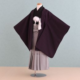 七歳男の子着物レンタル（7MC002）黒・紫/格子