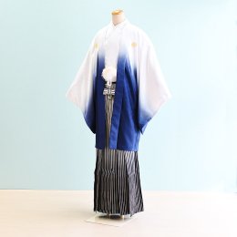 成人式男性袴レンタル（DH0088）4号　白・青/ぼかし|白・黒/ぼかし・縞