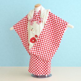 三歳女の子着物レンタル（03C212）赤白・クリーム/市松・椿