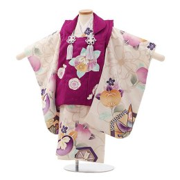 三歳女の子着物レンタル（03C218）白・紫/橘・亀甲笹　ようよう