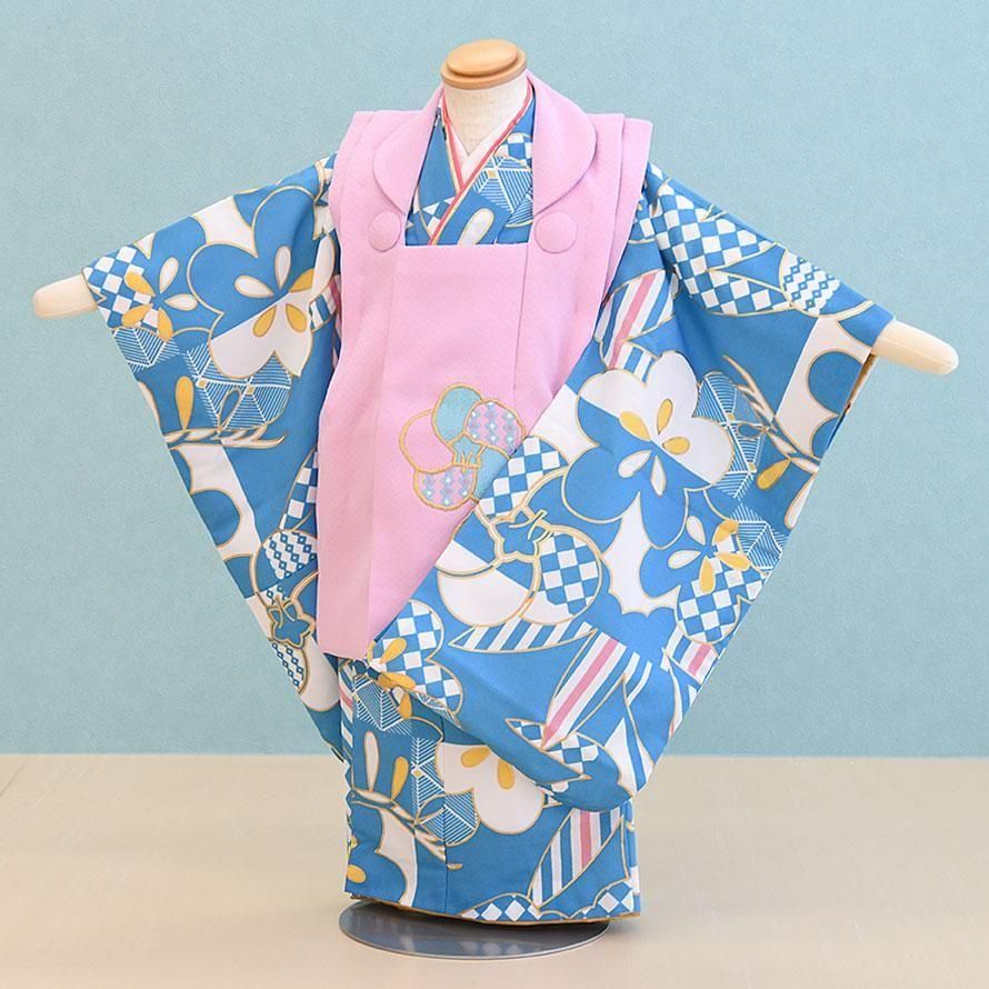 三歳女の子着物レンタル（03D035）水色・ピンク/松竹梅・幾何学模様 花