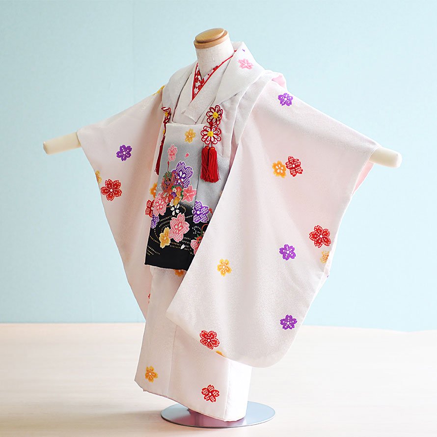 激安格安 七五三着物三歳女の子レンタル（030013）白/桜・まり 東京レンタルいしょう