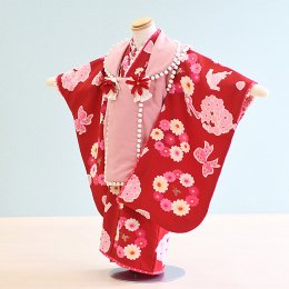 七五三着物三歳女の子レンタル（030032）赤・ピンク/花・リボン　松田聖子