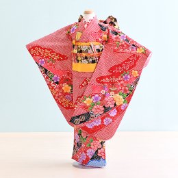 七歳女の子着物レンタル（070016）赤/熨斗・花・絞り
