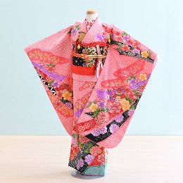 七五三着物七歳女の子レンタル（070017）ピンク/熨斗・花・絞り