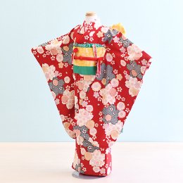 七五三着物七歳女の子レンタル（7-19）赤/桜　ファンタジー