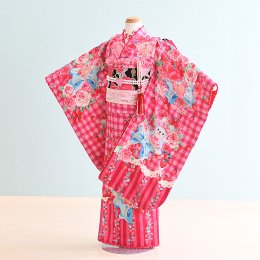 七歳女の子着物レンタル（070044）ピンク/チェック・リボン　松田聖子