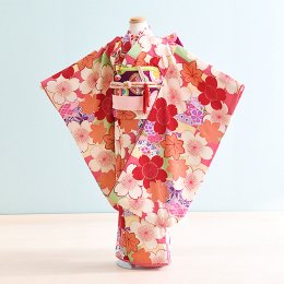 七五三着物七歳女の子レンタル（7-42）ピンク・オレンジ/桜・もみじ　乙葉