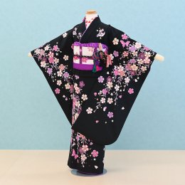 七五三着物七歳女の子レンタル（7-25）黒/桜・蝶　ジャパンスタイル