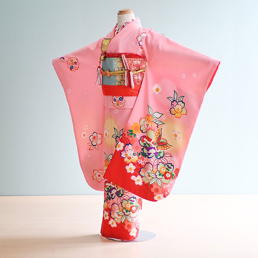 激安格安 七五三着物七歳女の子レンタル（7-3）ピンク/桜・蝶 - 東京レンタルいしょう