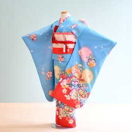 七歳女の子着物レンタル（070001）水色/桜・蝶