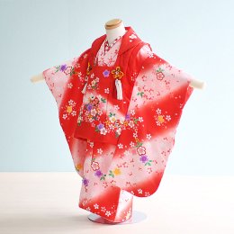 七五三着物三歳女の子レンタル（030006）赤×ピンク/花・まり