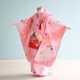 七五三着物三歳女の子レンタル（3-7）ピンク/花・花車
