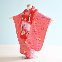 七五三着物三歳女の子レンタル（030012）赤/花・まり・絞り